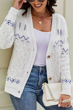 Printed V-Neck Buttoned Cardigan - Ladyez