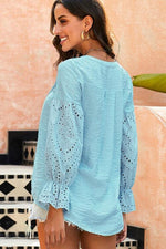 Crochet Flounce Sleeve Button Up Blouse - Ladyez