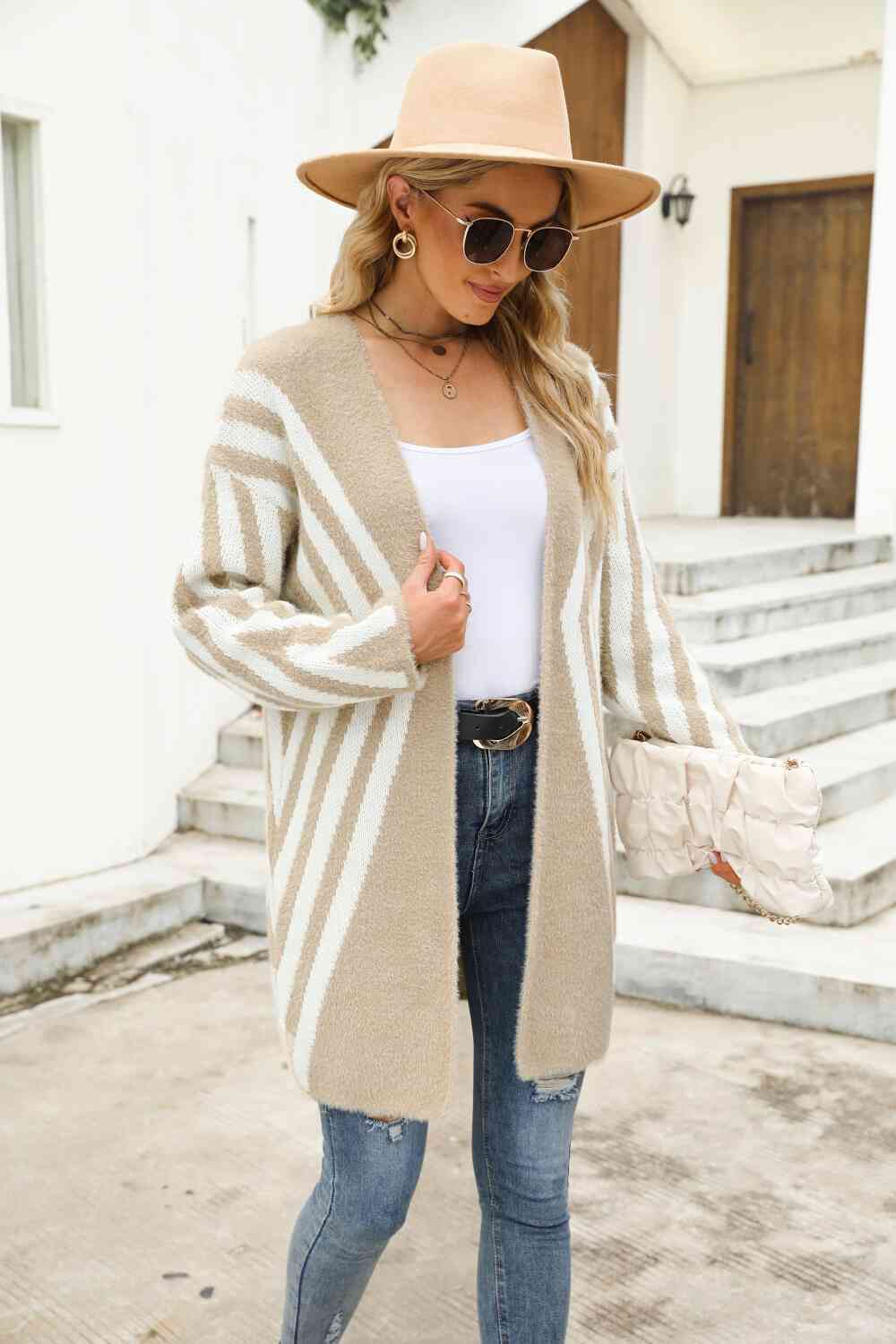Woven Right Two-Tone Open Front Fuzzy Longline Cardigan - Ladyez