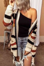Striped Open Front Longline Cardigan - Ladyez