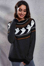 Ghost Pattern Round Neck Long Sleeve Sweater - Ladyez
