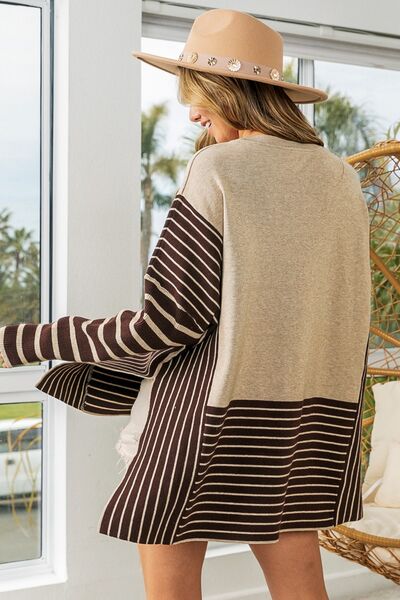 BiBi Striped Contrast Long Sleeve Slit Top - Ladyez