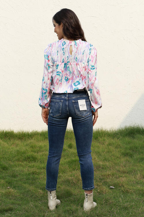 Floral Smocked Balloon Sleeve Round Neck Blouse - Ladyez