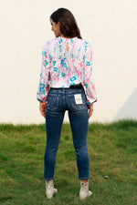 Floral Smocked Balloon Sleeve Round Neck Blouse - Ladyez