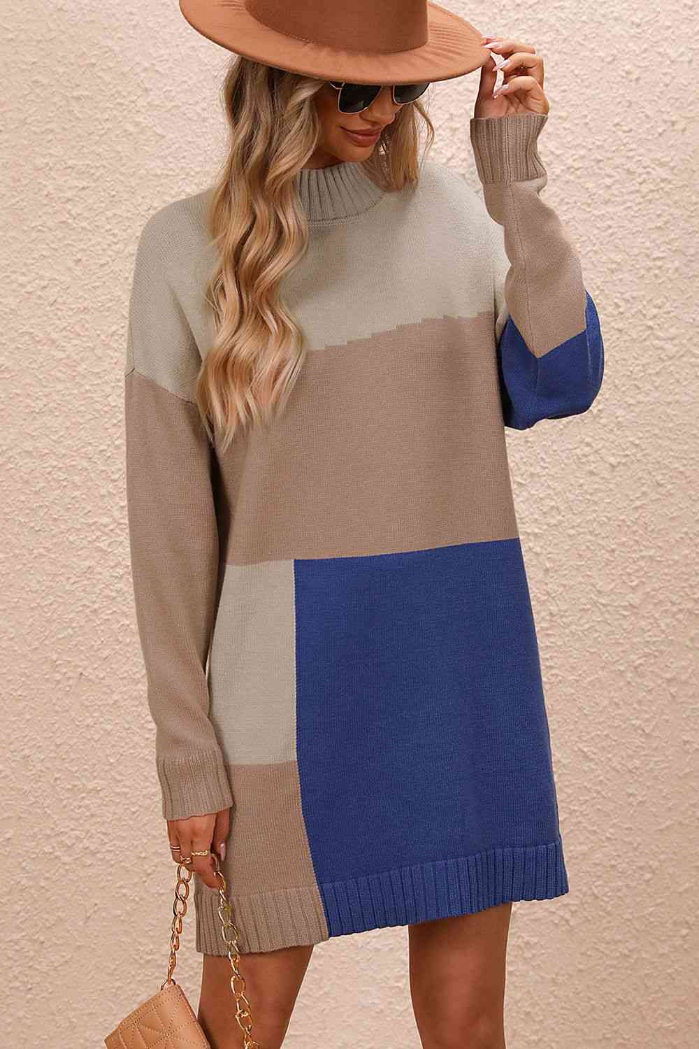 Color Block Mock Neck Dropped Shoulder Sweater Dress - Ladyez