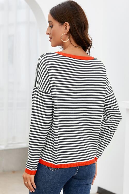 Striped Round Neck Drop Shoulder T-Shirt - Ladyez