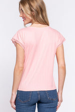 ACTIVE BASIC Lace Trim V-Neck Short Sleeve Ribbed Top - Ladyez