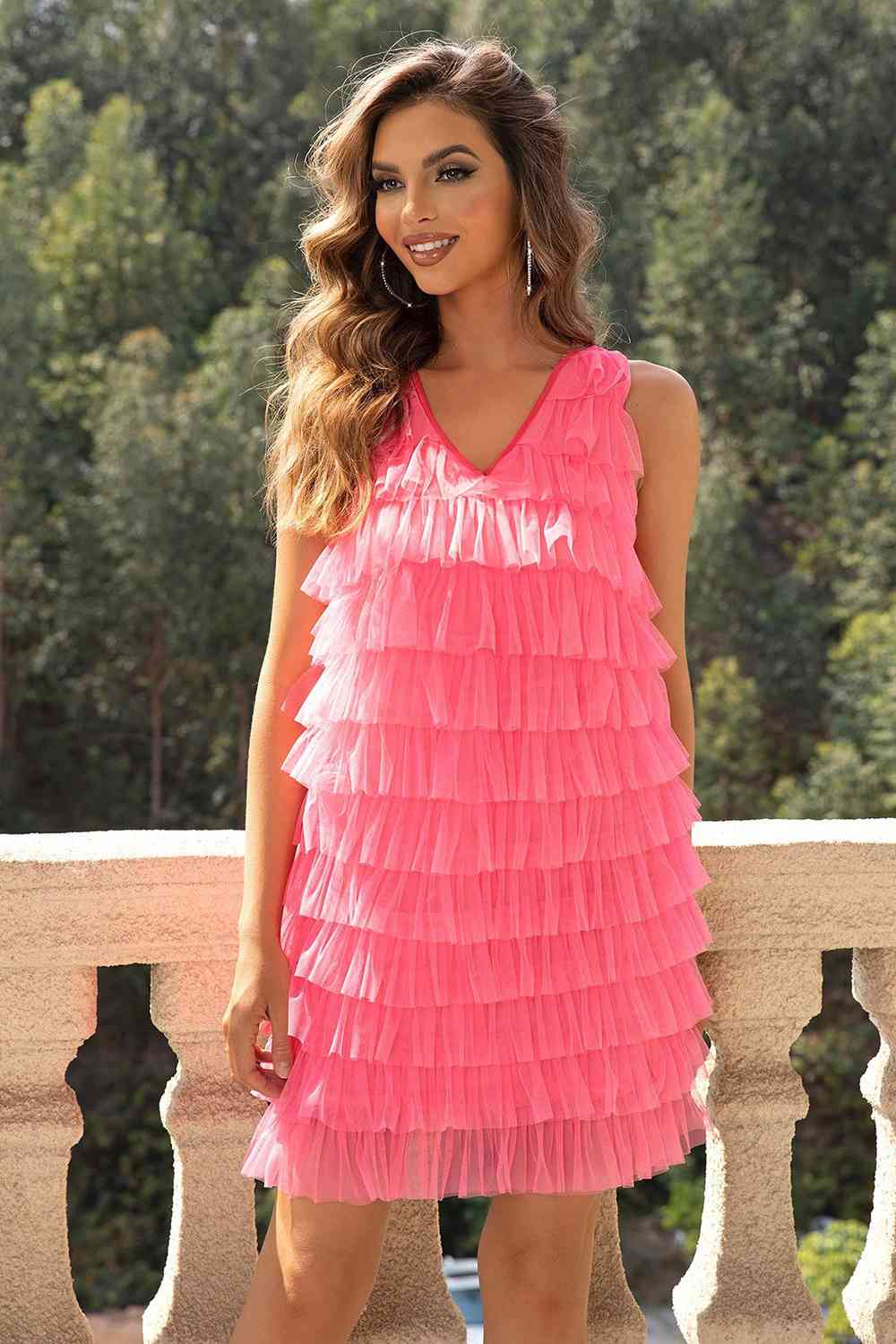 V-Neck Tiered Sleeveless Mesh Dress - Ladyez