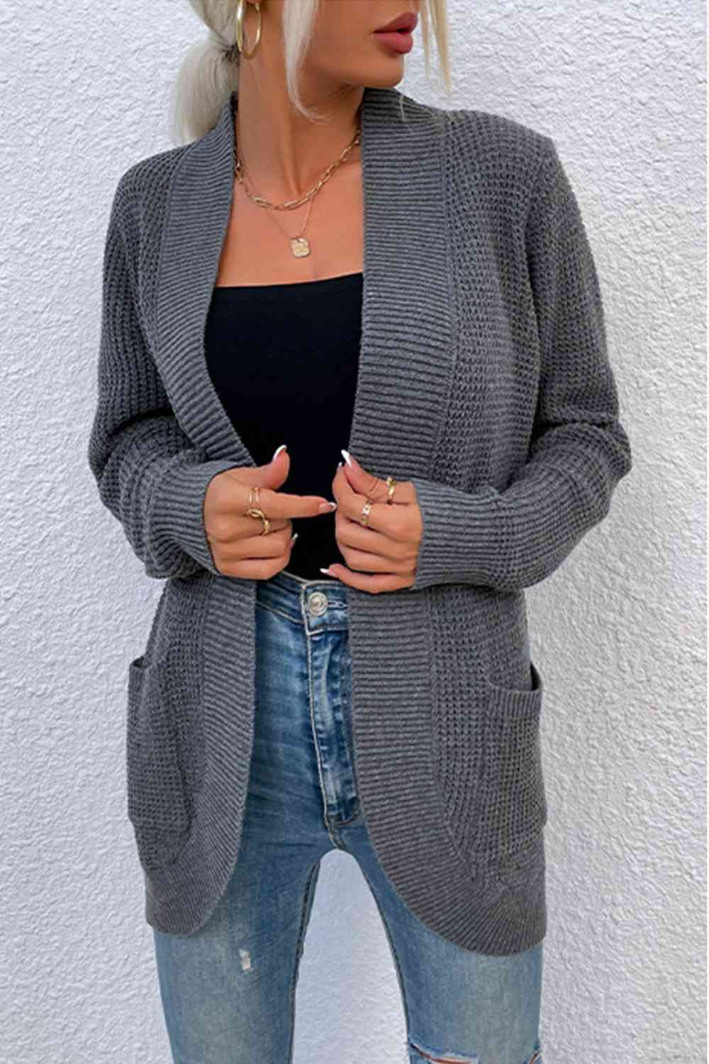 Open Front Rib-Knit Cardigan with Pockets - Ladyez