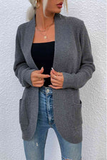 Open Front Rib-Knit Cardigan with Pockets - Ladyez