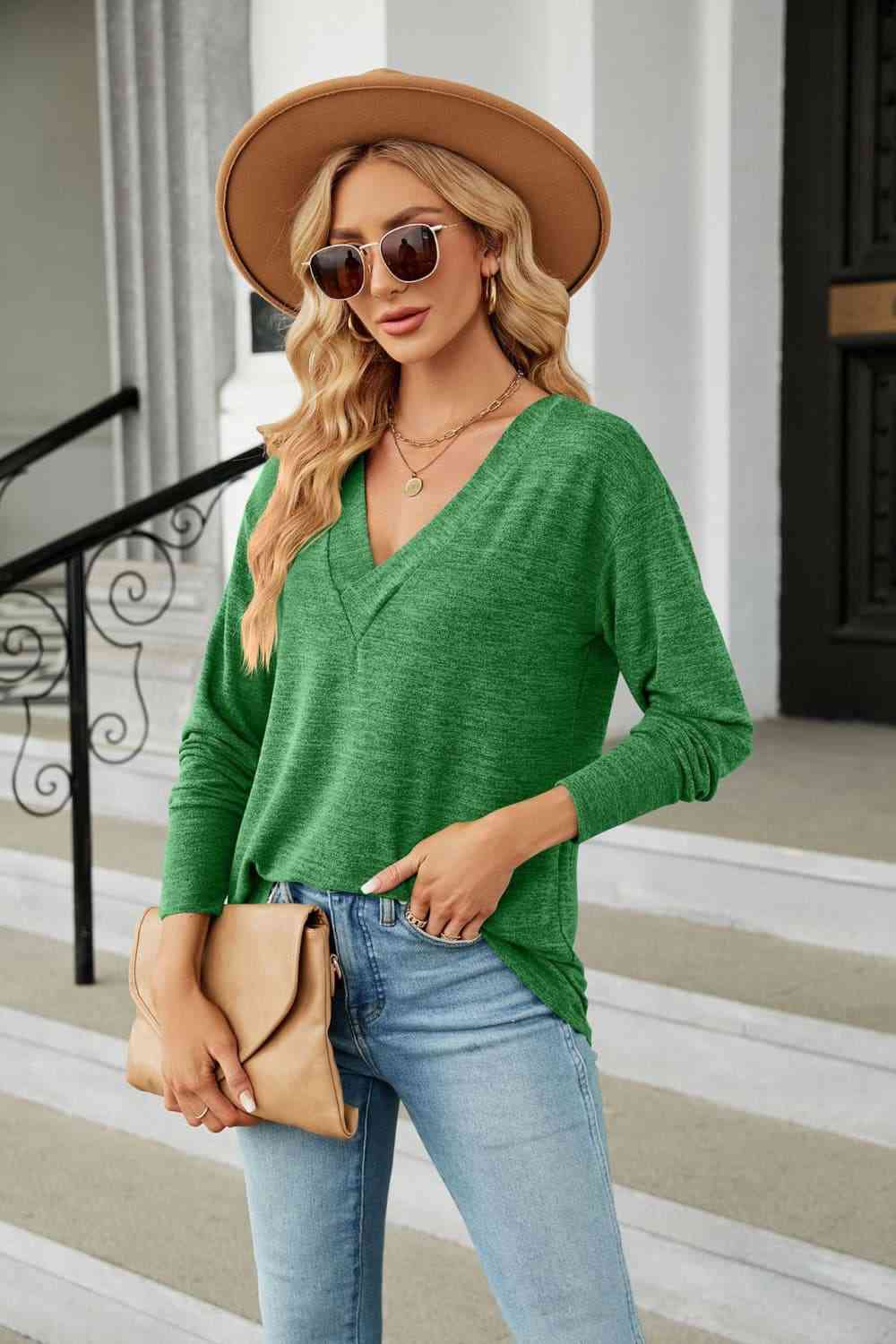 V-Neck Long Sleeve T-Shirt - Ladyez