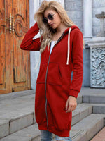 Zip-Up Longline Hoodie with Pockets - Ladyez