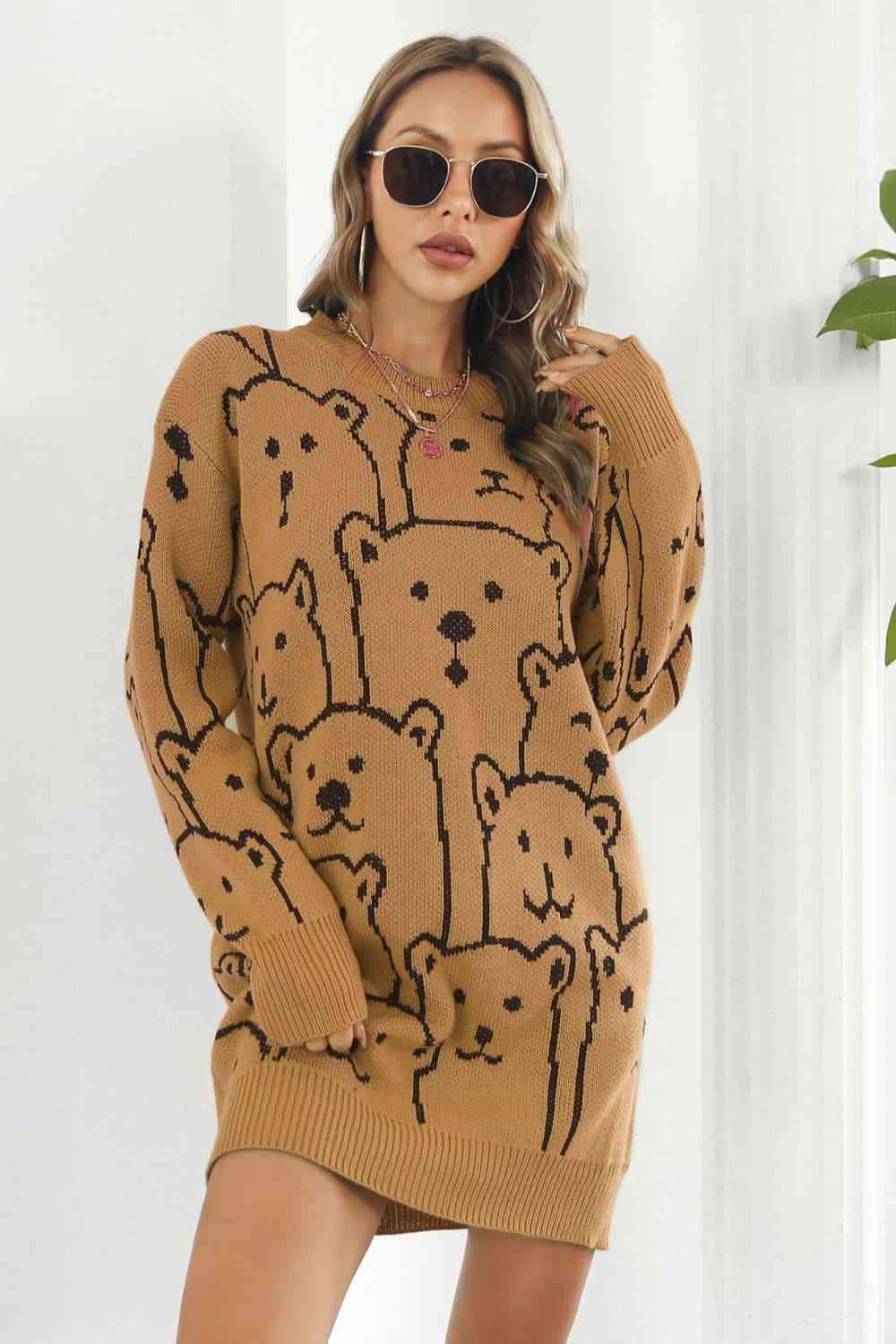 Bear Pattern Round Neck Sweater Dress - Ladyez
