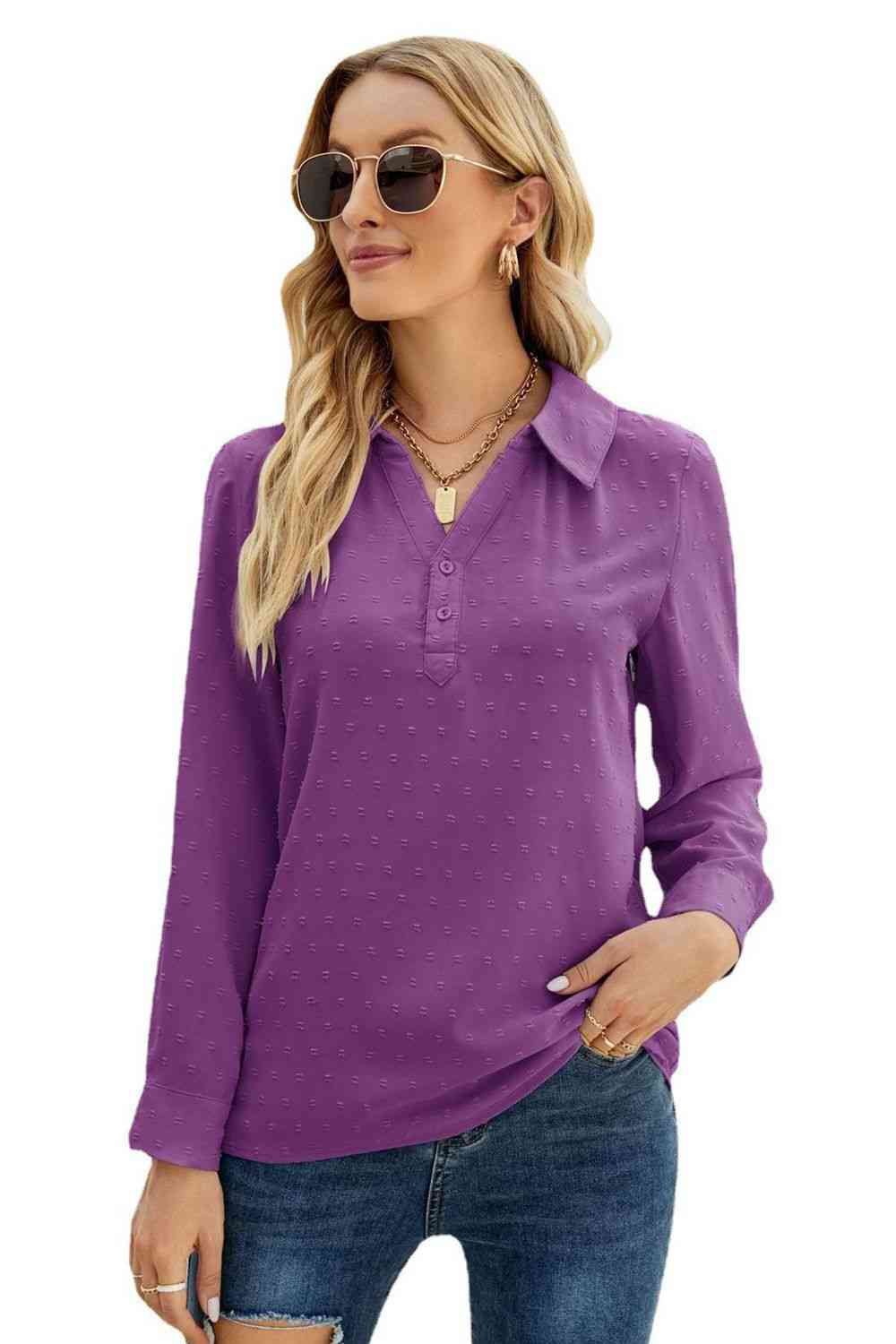 Swiss Dot Johnny Collar Blouse - Ladyez