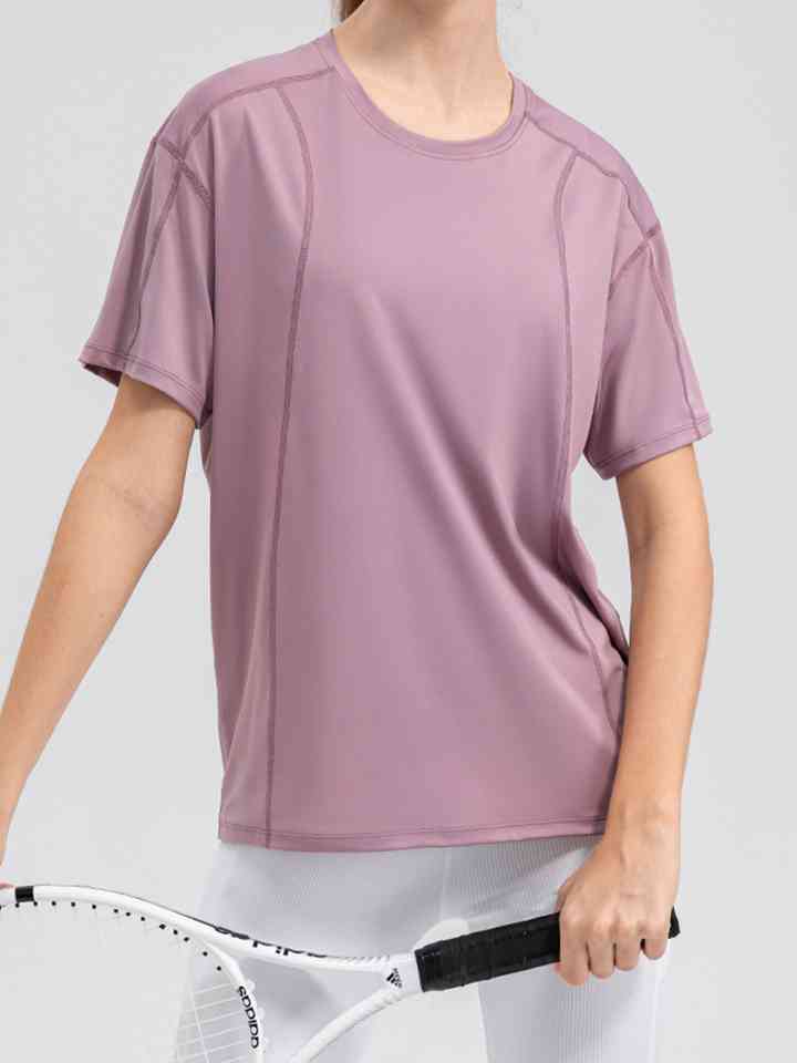 Round Neck Short Sleeve Active Top - Ladyez