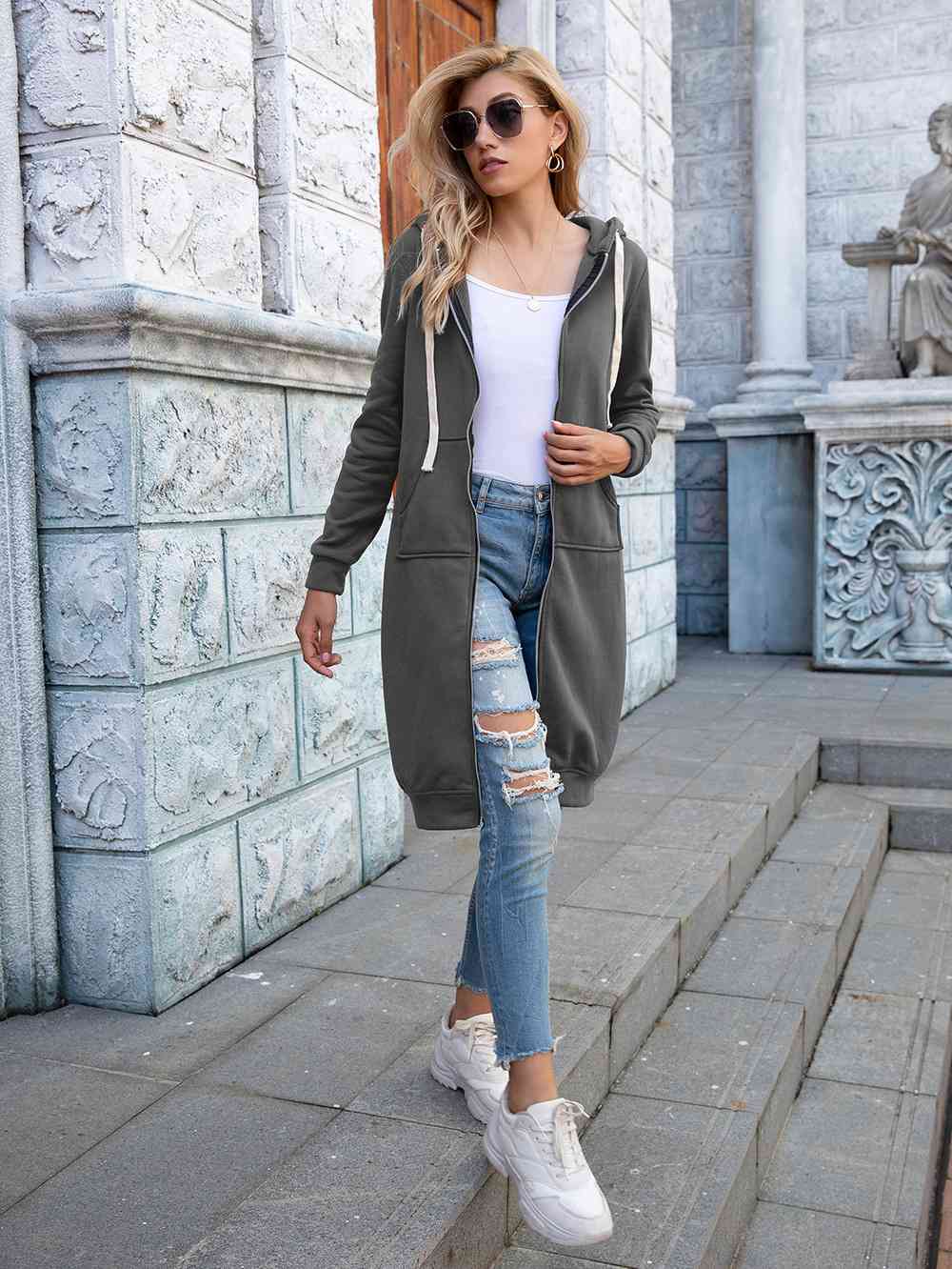 Zip-Up Longline Hoodie with Pockets - Ladyez