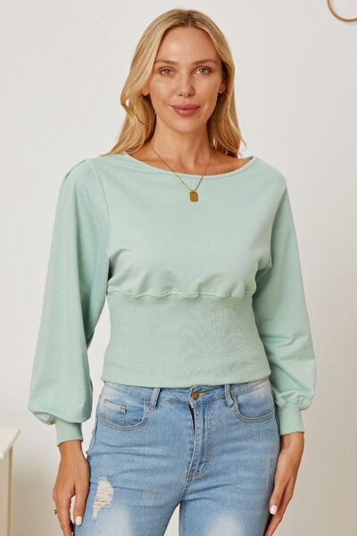 Boat Neck Lantern Sleeve Blouse - Ladyez