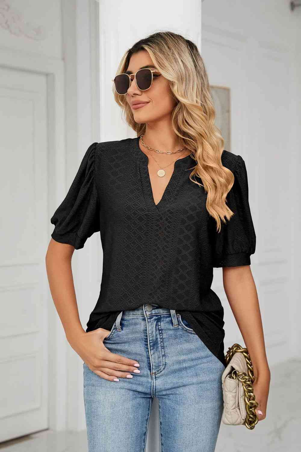Eyelet Short Puff Sleeve Notched Neck Top - Ladyez