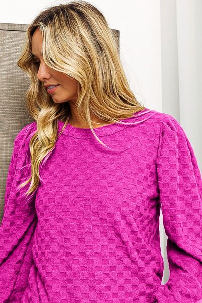 BiBi Round Neck Brushed Checker Top - Ladyez
