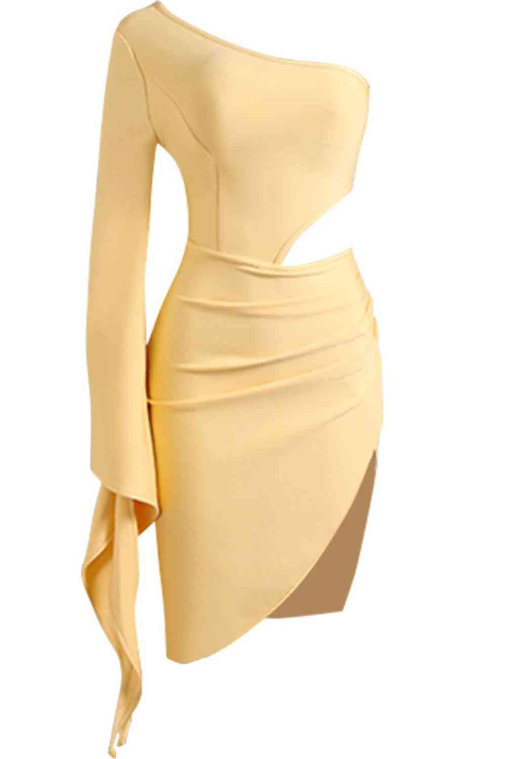 Cutout Split Flare Sleeve One-Shoulder Dress - Ladyez