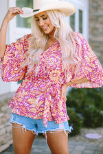 Floral V-Neck Tie Front Ruffled Blouse - Ladyez