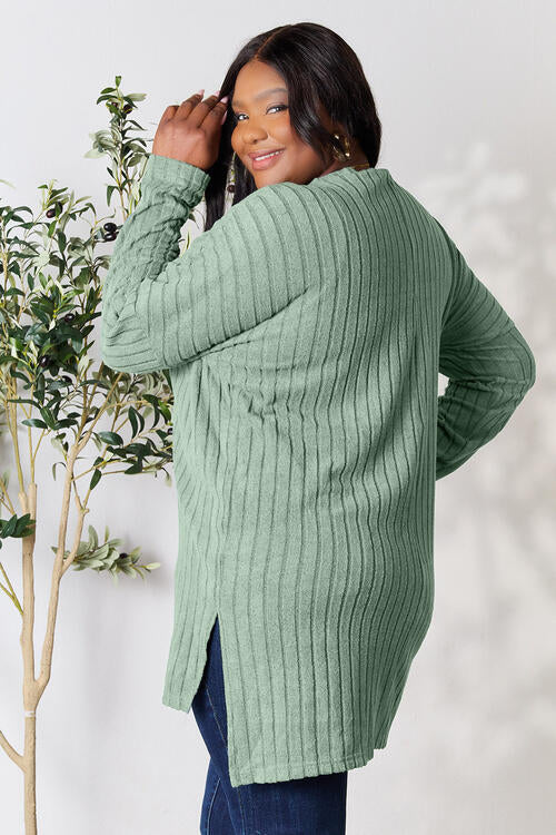 Basic Bae Full Size Ribbed Round Neck Long Sleeve Slit Top - Ladyez