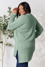 Basic Bae Full Size Ribbed Round Neck Long Sleeve Slit Top - Ladyez