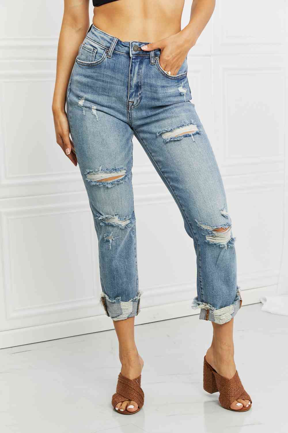 RISEN Full Size Leilani Distressed Straight Leg Jeans - Ladyez