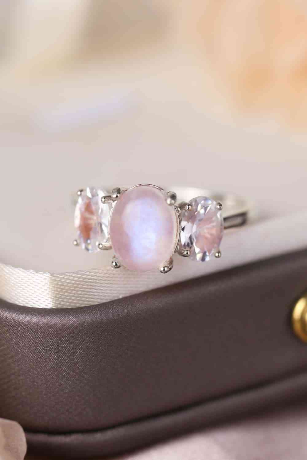 High Quality Natural Moonstone 925 Sterling Silver Three Stone Ring - Ladyez