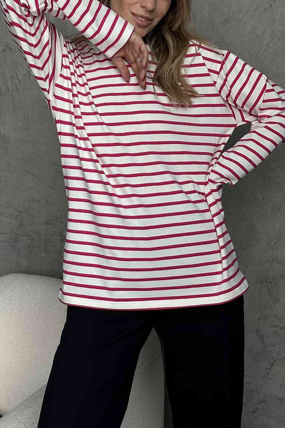 Round Neck Striped Dropped Shoulder T-Shirt - Ladyez