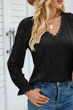 V-Neck Flounce Sleeve Lace Top - Ladyez