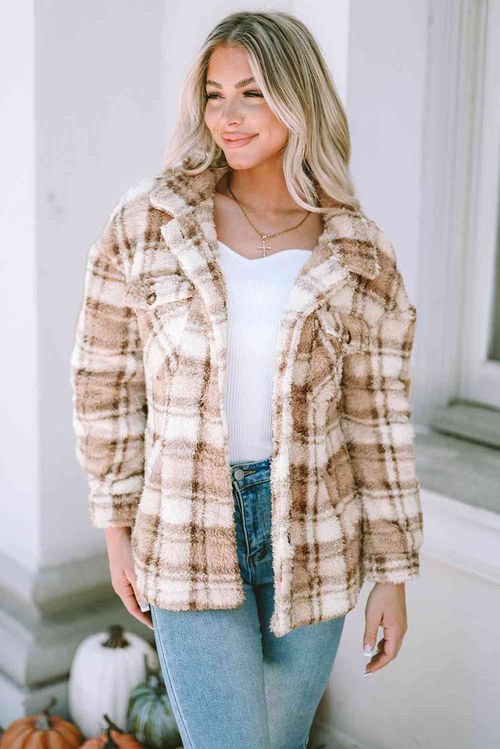 Plaid Collared Neck Jacket - Ladyez