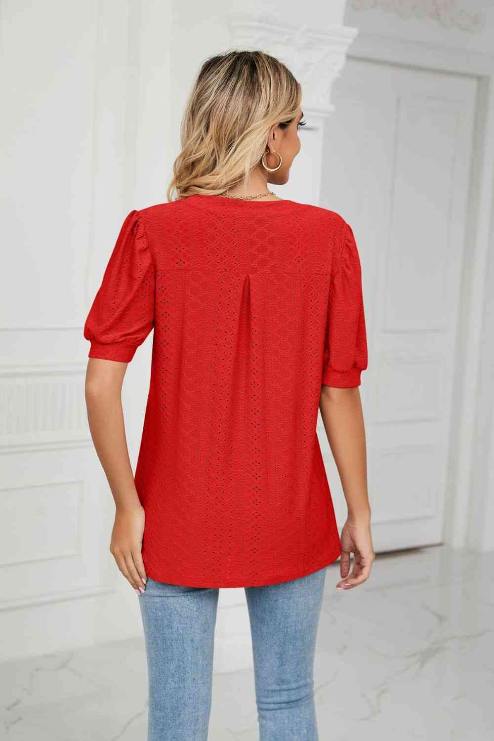 Eyelet Short Puff Sleeve Notched Neck Top - Ladyez