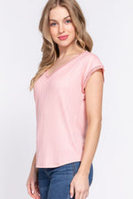 ACTIVE BASIC Lace Trim V-Neck Short Sleeve Ribbed Top - Ladyez