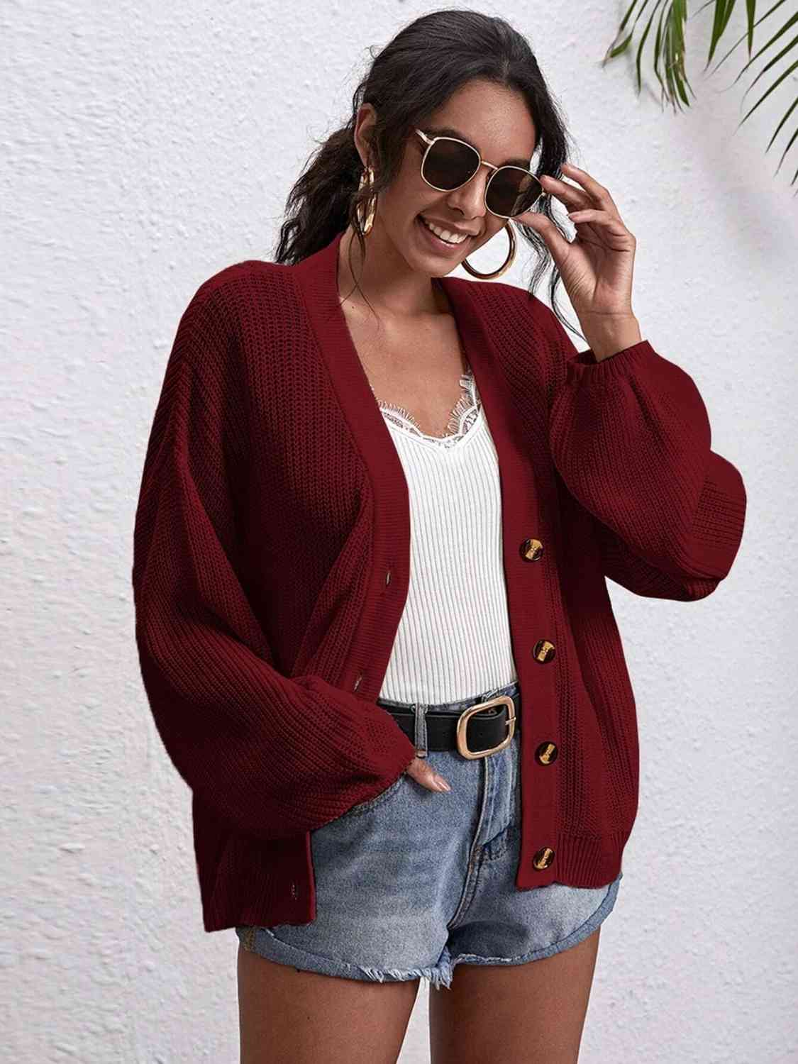 Button Down Dropped Shoulder Cardigan - Ladyez