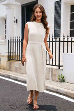 Round Neck Tie Belt Slit Sleeveless Sweater Dress - Ladyez