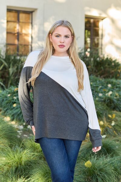 Celeste Design Full Size Contrast Long Sleeve Top - Ladyez