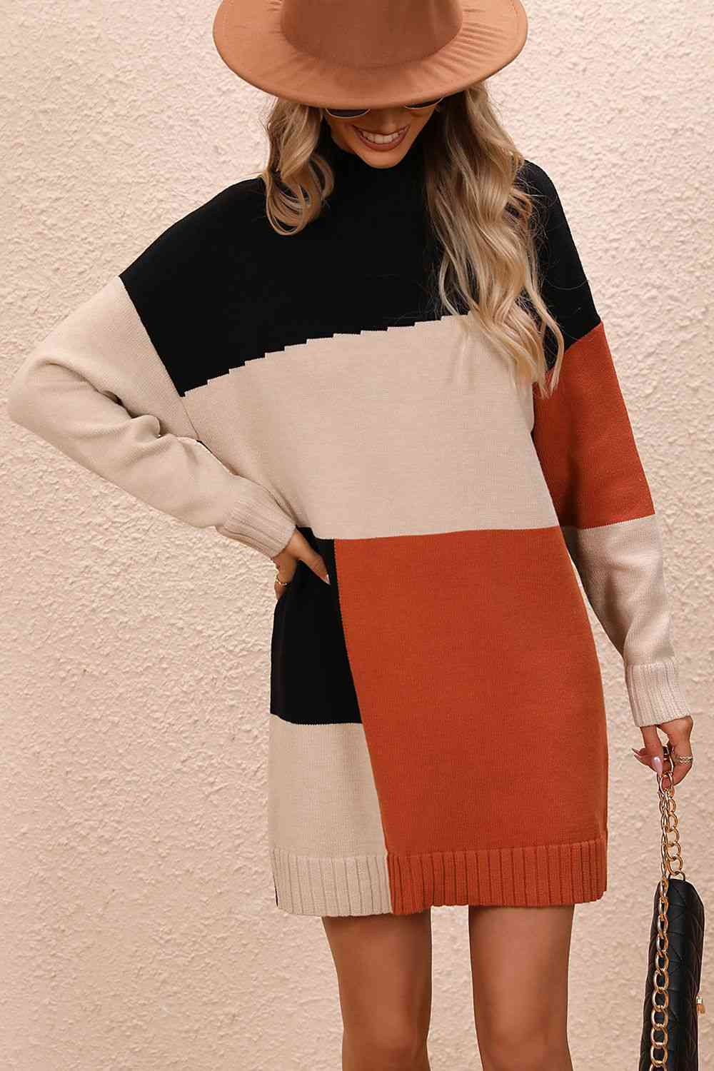 Color Block Mock Neck Dropped Shoulder Sweater Dress - Ladyez