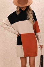 Color Block Mock Neck Dropped Shoulder Sweater Dress - Ladyez