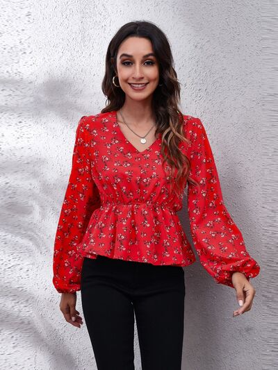 Floral V-Neck Balloon Sleeve Peplum Blouse - Ladyez