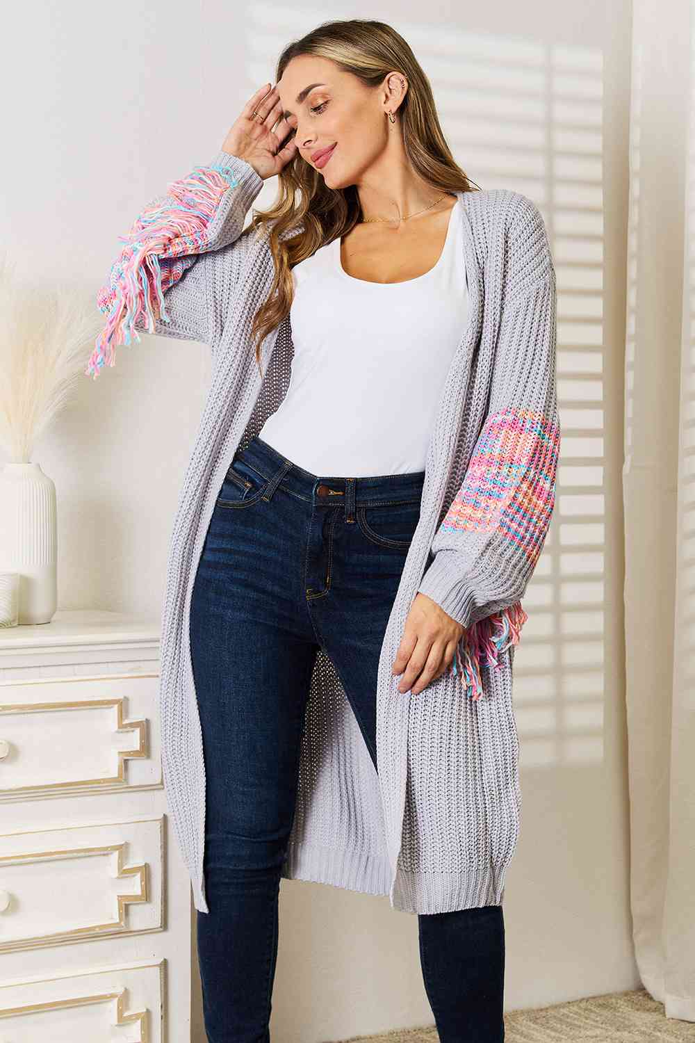Woven Right Fringe Sleeve Dropped Shoulder Cardigan - Ladyez