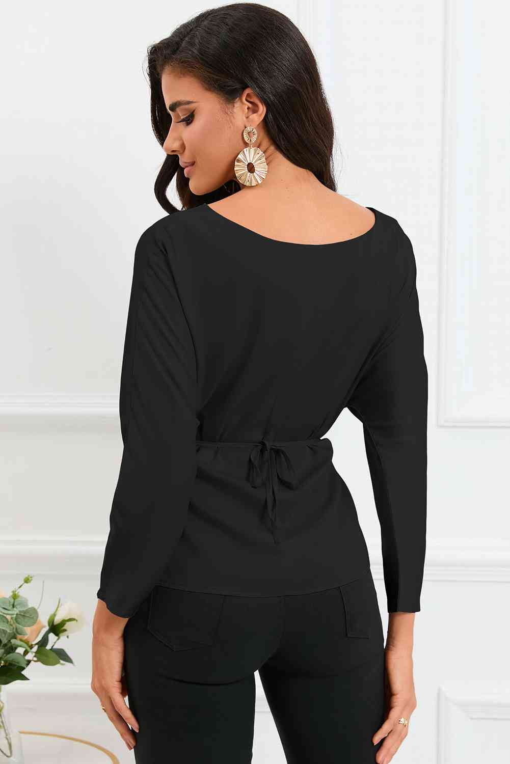 Boat Neck Back Tie Long Sleeve Satin Blouse - Ladyez