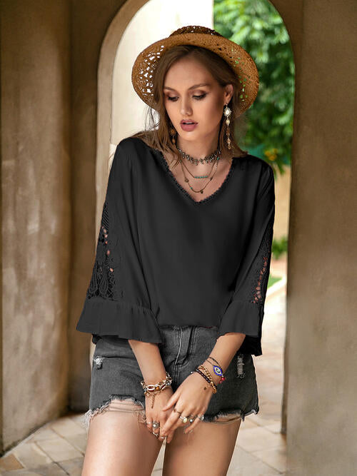 Double Take Plus Size Flower Crochet Flare Sleeve Top - Ladyez