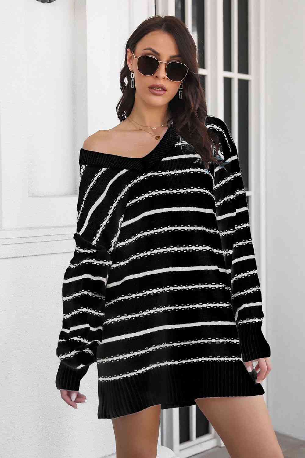 Striped V-Neck Sweater Dress - Ladyez