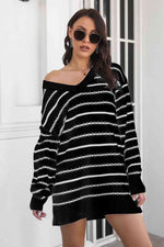 Striped V-Neck Sweater Dress - Ladyez