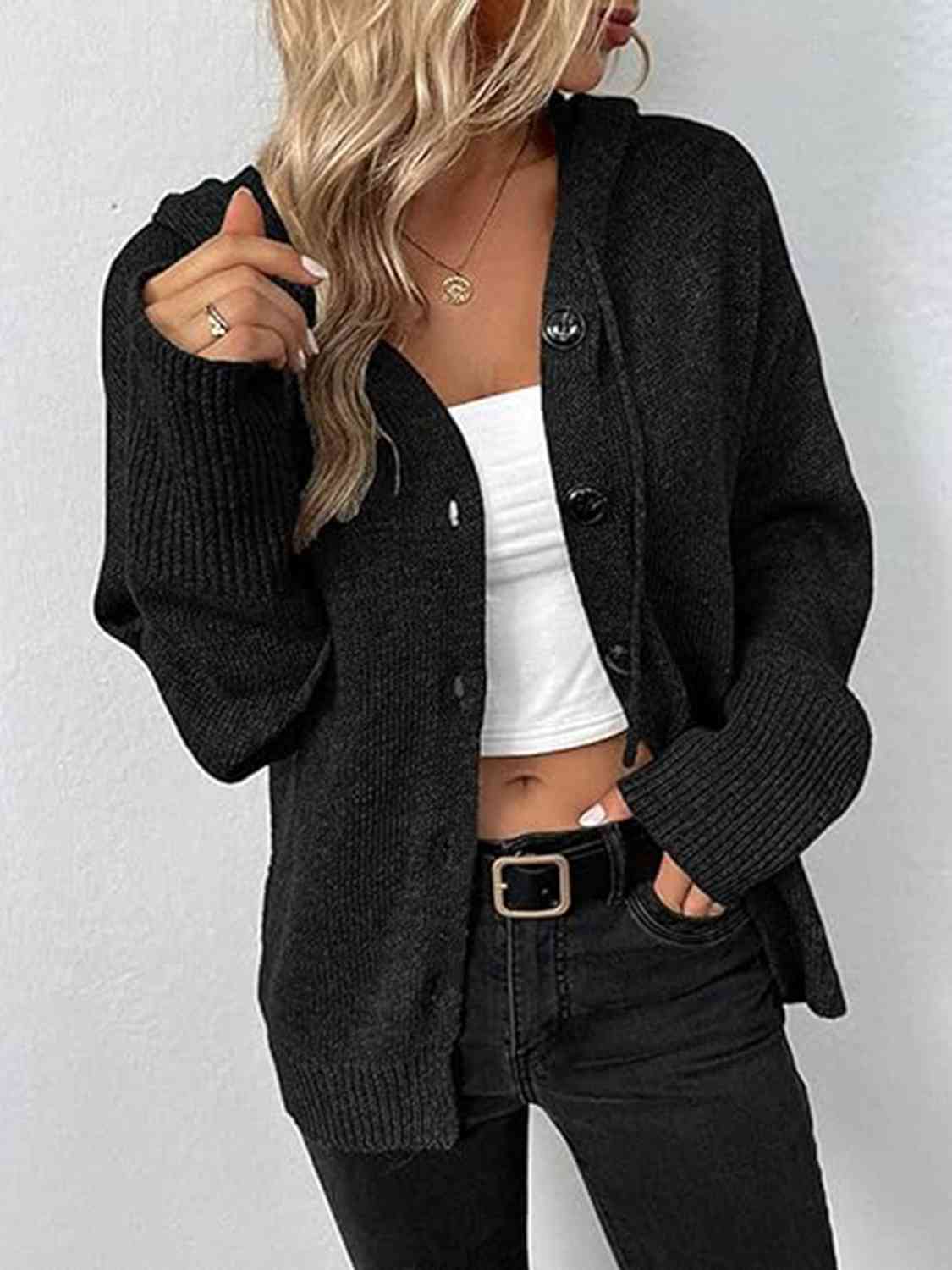 Button Up Drawstring Long Sleeve Hooded Cardigan - Ladyez