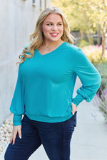 Basic Bae Full Size V-Neck Lantern Sleeve Blouse - Ladyez