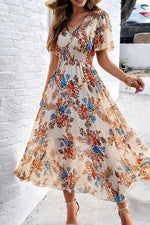 Smocked Floral V-Neck Short Sleeve Dress - Ladyez