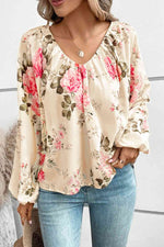 Floral V-Neck Balloon Sleeve Blouse - Ladyez