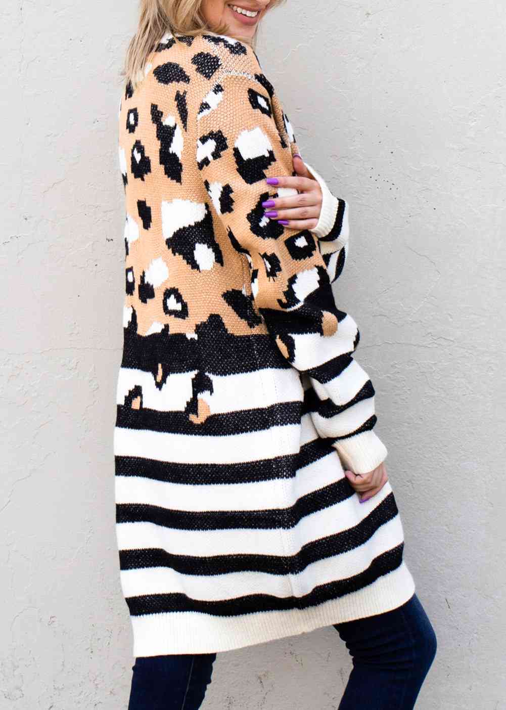 Striped Open Front Longline Cardigan - Ladyez